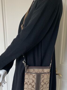 Coach Signature Stripe Swingpack Crossbody Bag Brown Khaki Canvas Leather Trim